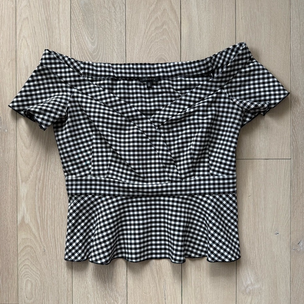 Dynamite Off the Shoulder Peplum Top in Gingham Black & White Women’s Size M
